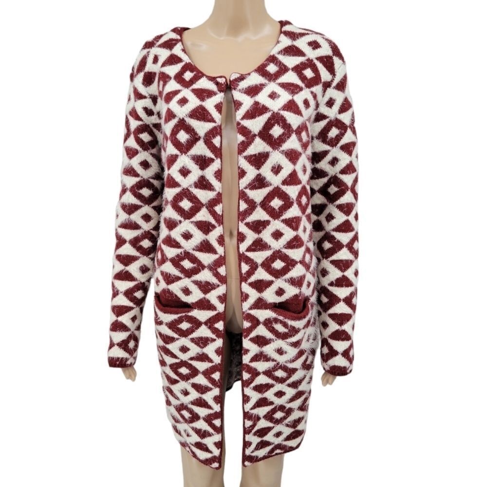Carapace Longline Cardigan Maroon and White Geometric Aztec Pattern Women's S